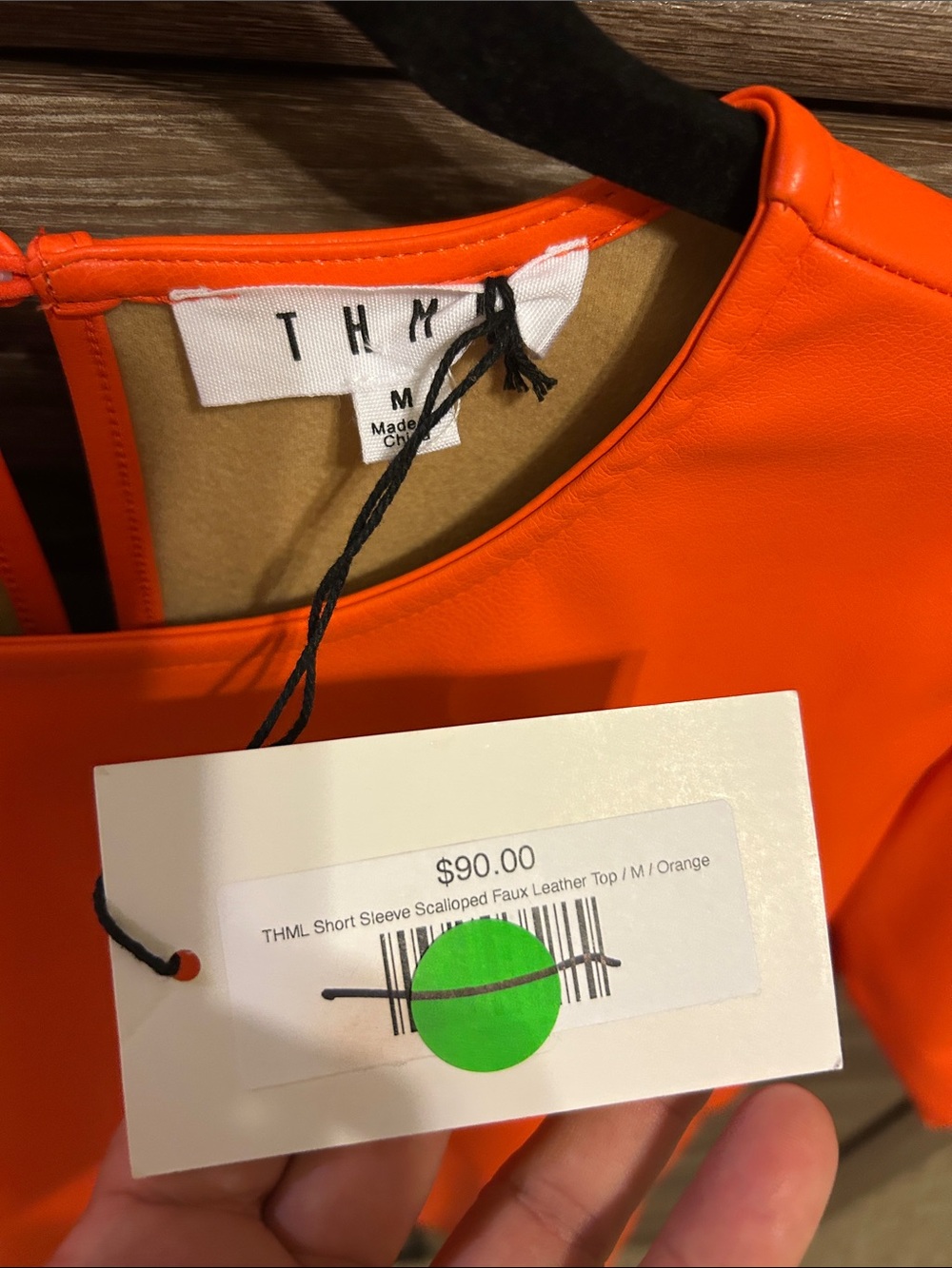 NWT THML Bright Orange Faux Leather Scalloped Flutter Sleeve Blouse. SZ M - Picture 2 of 3